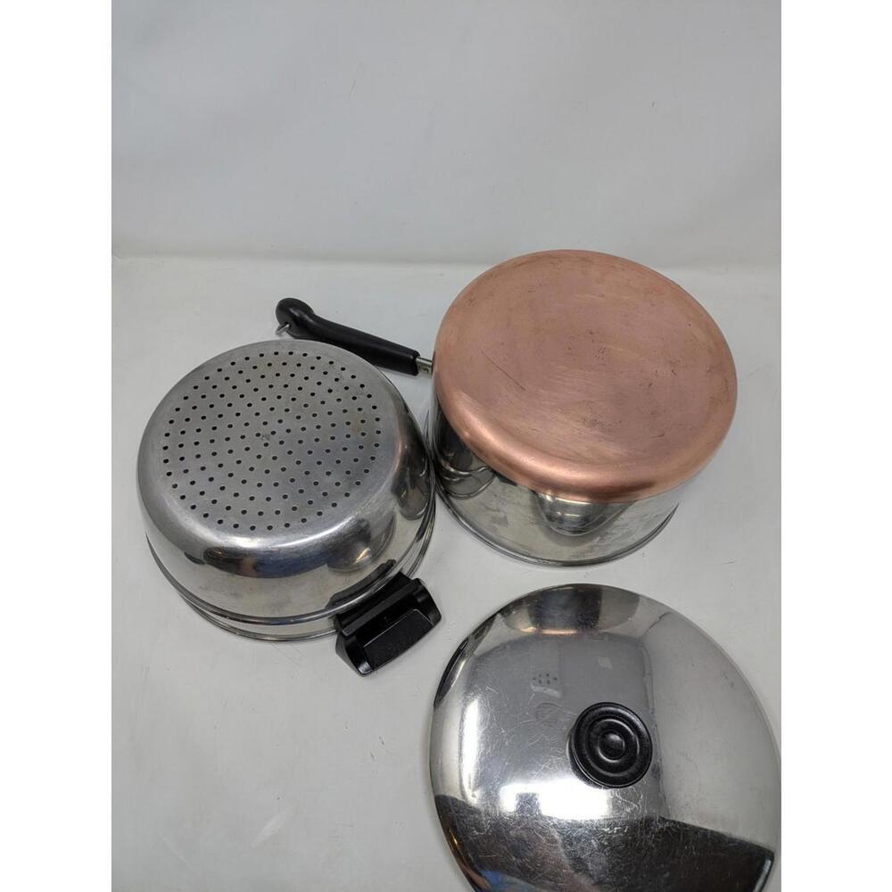 Revere Ware 4 Qt Saucepan Pot w/ Lid & Strainer/Steamer Stainless & Copper Vtg - Picture 5 of 6
